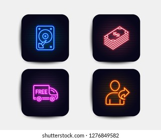 Neon set of Free delivery, Hdd and Dollar icons. Refer friend sign. Shopping truck, Hard disk, Usd currency. Share. Neon icons. Glowing light banners. Vector