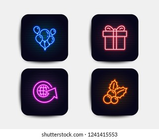 Neon set of Gift box, Balloons and World globe icons. Christmas holly sign. Present package, Air balloons, Around the world. Ilex aquifolium. Neon icons. Glowing light banners. Vector