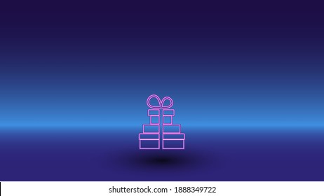 Neon set of gifts symbol on a gradient blue background. The isolated symbol is located in the bottom center. Gradient blue with light blue skyline