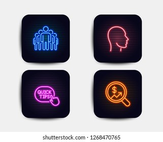 Neon set of Head, Quick tips and Group icons. Currency audit sign. Human profile, Helpful tricks, Managers. Money chart. Neon icons. Glowing light banners. Vector