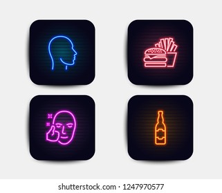 Neon set of Healthy face, Head and Burger icons. Beer bottle sign. Healthy cosmetics, Human profile, Cheeseburger. Craft beer. Neon icons. Glowing light banners. Vector