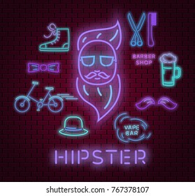 Neon set with hipster accessories isolated icons, electic light background with mustache, beard, bicycle, barber shop, bow illustration