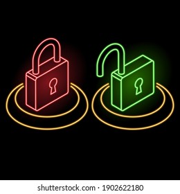 Neon set of icons of locks on a button.Open and closed.Internet concept.Isometry.3D.Vector glowing illustration.