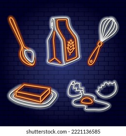 Neon set ingredients for making pancakes, pastries and desserts. Wheat flour, a spoonful of sugar, a whisk, butter and a broken egg