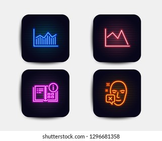 Neon set of Instruction info, Line chart and Money diagram icons. Face declined sign. Project, Financial graph, Currency diagram. Identification error. Neon icons. Glowing light banners