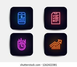 Neon set of Interview, Fast delivery and Mobile finance icons. Demand curve sign. Checklist file, Stopwatch, Phone accounting. Statistical report. Neon icons. Glowing light banners