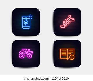 Neon set of Mail, Escalator and Tractor icons. Technical info sign. Smartphone communication, Elevator, Farm transport. Documentation. Neon icons. Glowing light banners. Vector