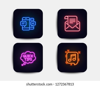 Neon set of Mail newsletter, Smartphone sms and Quick tips icons. Musical note sign. Open e-mail, Mobile messages, Helpful tricks. Speech bubble. Neon icons. Glowing light banners