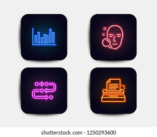 Neon set of Methodology, Face search and Bar diagram icons. Typewriter sign. Development process, Find user, Statistics infochart. Writer machine. Neon icons. Glowing light banners