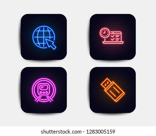 Neon set of Metro subway, Internet and Online test icons. Usb flash sign. Underground, World web, Examination. Memory stick. Neon icons. Glowing light banners. Vector