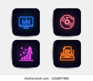 Neon set of Music making, Development plan and Vinyl record icons. Typewriter sign. Dj app, Strategy, Retro music. Writer machine. Neon icons. Glowing light banners. Vector