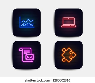 Neon set of Notebook, Mail letter and Trade infochart icons. Strategy sign. Laptop computer, Read e-mail, Business analysis. Puzzle. Neon icons. Glowing light banners. Vector