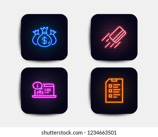 Neon set of Online documentation, Credit card and Check investment icons. Checklist sign. Web engineering, Bank payment, Business report. Data list. Neon icons. Glowing light banners