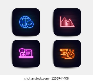 Neon set of Online documentation, Investment graph and World statistics icons. Quick tips sign. Web engineering, Investment infochart, Global report. Helpful tricks. Neon icons. Vector