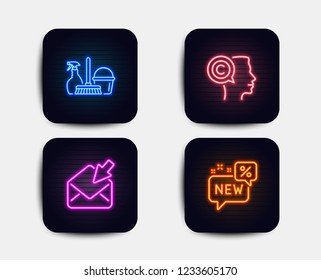 Neon set of Open mail, Writer and Household service icons. New sign. View e-mail, Copyrighter, Cleaning equipment. Discount. Neon icons. Glowing light banners. Vector