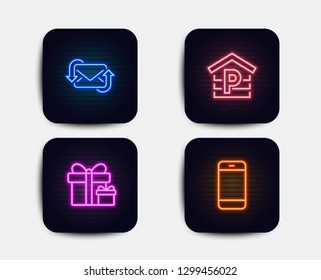 Neon set of Parking, Refresh mail and Surprise package icons. Smartphone sign. Garage, New e-mail, Present boxes. Cellphone or phone. Neon icons. Glowing light banners. Vector