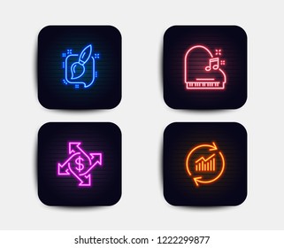 Neon set of Payment exchange, Painting brush and Piano icons. Update data sign. Money transfer, Graphic art, Fortepiano. Sales statistics. Neon icons. Glowing light banners. Piano vector