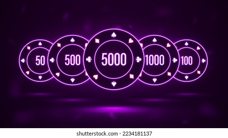 Neon set of poker chips on a purple background. Bright casino chips from 100 to 5000.