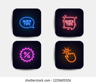 Neon set of Quick tips, Discount and Quickstart guide icons. Touchpoint sign. Helpful tricks, Special offer, Touch technology. Neon icons. Glowing light banners. Vector