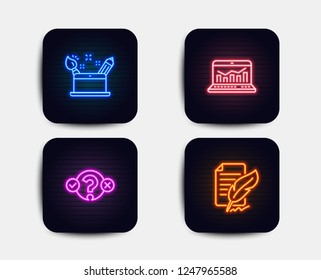 Neon set of Quiz test, Creativity concept and Web analytics icons. Feather signature sign. Select answer, Graphic art, Statistics. Feedback. Neon icons. Glowing light banners. Vector