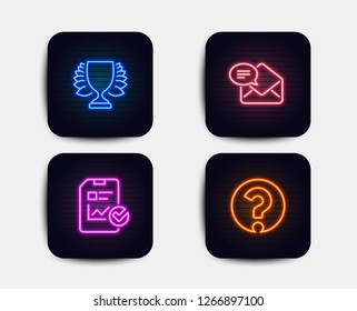 Neon set of Report checklist, New mail and Winner icons. Question mark sign. Sales growth file, Received e-mail, Sports achievement. Ask support. Neon icons. Glowing light banners