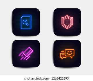 Neon set of Search files, Security and Credit card icons. Happy emotion sign. Magnifying glass, Protection shield, Bank payment. Web chat. Neon icons. Glowing light banners. Vector