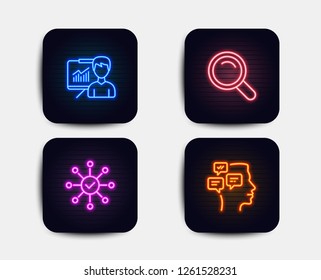 Neon set of Search, Presentation and Survey check icons. Messages sign. Magnifying glass, Education board, Correct answer. Notifications. Neon icons. Glowing light banners. Vector