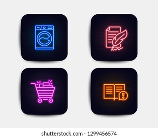 Neon set of Shopping cart, Washing machine and Feather signature icons. Facts sign. Gifts, Laundry service, Feedback. Important information. Neon icons. Glowing light banners. Vector