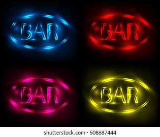 Neon set sign Bar. Electric lamp in the form of words. Retro sign for the club on black background. Red, blue, violet, yellow light in the form of text. Vector illustration.