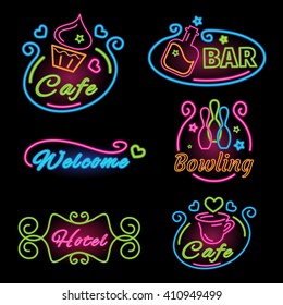 Neon set sign for cafes, bar, bowling, hotel