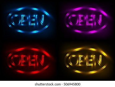 Neon set sign Open. Electric lamp in the form of words. Retro sign for the club on black background. Red, blue, violet, yellow light in the form of text. Vector illustration.