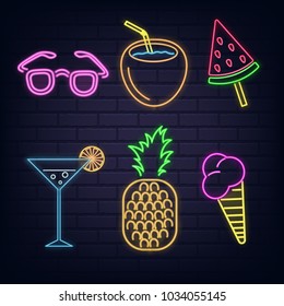 Neon set signs of summer beach elements