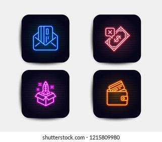 Neon set of Startup, Rejected payment and Credit card icons. Debit card sign. Innovation, Bank transfer, Mail. Neon payment icons. Glowing light banners. Vector