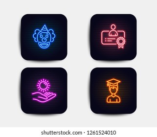 Neon set of Sun protection, Certificate and Clown icons. Student sign. Ultraviolet care, Best employee, Funny performance. Graduation cap. Neon icons. Glowing light banners. Vector