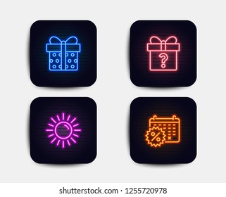 Neon set of Sun, Secret gift and Gift box icons. Calendar discounts sign. Summer, Unknown package, Present package. Shopping. Neon icons. Glowing light banners. Vector