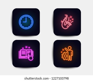Neon set of Time, Jazz and Technical documentation icons. Employee sign. Office clock, Saxophone, Manual. Cogwheel. Neon time icons. Glowing light banners. Vector