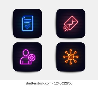 Neon set of User idea, E-mail and Approved checklist icons. Multichannel sign. Light bulb, Mail delivery, Accepted message. Multitasking. Neon icons. Glowing light banners. Vector