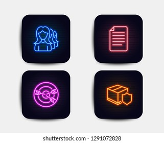 Neon set of Women headhunting, File and Targeting icons. Delivery insurance sign. Women teamwork, Paper page, Target with arrows. Parcel protection. Neon icons. Glowing light banners