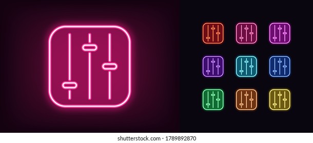 Neon settings panel icon. Glowing neon customization sign, set of isolated control panel in vivid colors. Tuning switches, adjustment toggles. Icon, sign, symbol for UI design. Vector illustration svg