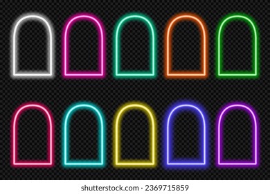 Forma de neón Puerta islámica y silueta de ventana Arábico brillante. Colección de portal ligero de estilo oriental. Marcos de diseño árabe musulmán para Ramadan Kareem. Forma de la puerta de la mezquita vectorial.