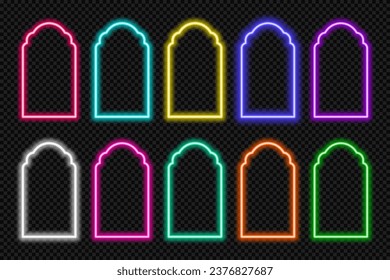 Neon shape Islamic door and window silhouette Glowing arabic arch. Collection of light portal in oriental style. Frames in Arabic Muslim design for Ramadan Kareem. Vector mosque gate shape.