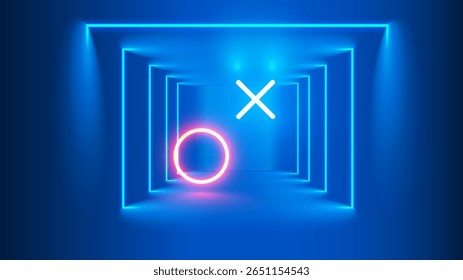 Neon formas círculo e cruz com brilho brilhante no fundo azul. jogo de vídeo retro e fundo futurismo cyberpunk. Histórico de tecnologia de inovação de conceito Hitech. Vetor de design