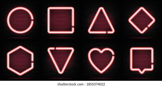 Neon shapes set. Triangle, hexagon, circle, heart, square. Vector illustration. Bright trendy figures for text or inscription. Neon light banners collection.
