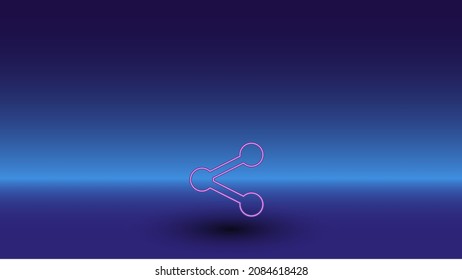Neon share symbol on a gradient blue background. The isolated symbol is located in the bottom center. Gradient blue with light blue skyline