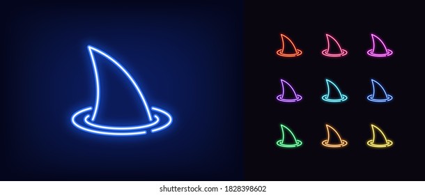 Neon shark fin, glowing icon. Neon silhouette of shark fin in vivid colors. Hidden threat and danger, sea and ocean hungry predator. Icon set, sign, symbol for UI design. Vector illustration