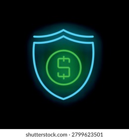 Neon shield is protecting a bright green dollar sign on a black background