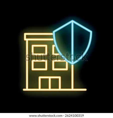 Neon shield protecting building icon glowing on dark background representing concept of building security