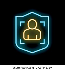Neon shield protegendo os dados do usuário com tecnologia de reconhecimento facial, simbolizando a segurança e a privacidade on-line