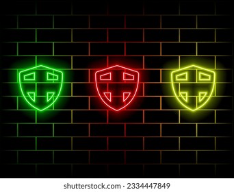 Neon shield shaped frame. Neon border vector template, creative glowing shield in outline. Modern background for banner and billboard design. Green, red, yellow, pink, blue, orange.