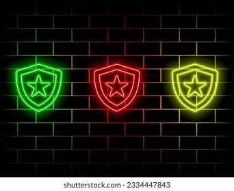 Vector protector neón. con estrella. Un brillante escudo azul para aplicaciones y programas. verde, rojo, amarillo, rosa, azul, naranja.